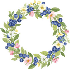 Fresh Blueberry Wreath with Spring Flowers in Watercolor Style.