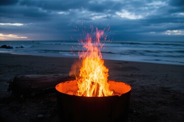 A warm fire flickers inside a vintage metal fire bowl by the shore, with gentle waves and an overcast sky setting a tranquil scene for an ideal camping experience.
