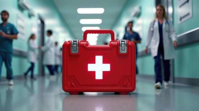 Un botiqu&iacute;n de primeros auxilios de color rojo brillante con un pestillo met&aacute;lico y tiras reflectantes destaca sobre un fondo de un pasillo de hospital concurrido