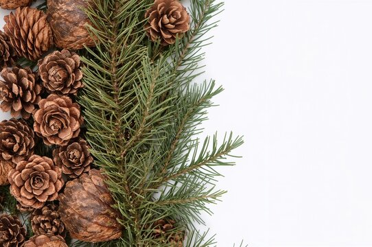 Cypress twig accompanied by pine cones against a white background