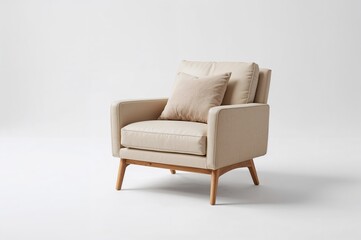 Light beige leather armchair with wooden legs on a white background.