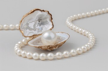 Single genuine pearl nestled in an oyster shell, detailed close-up on a pale gray backdrop. Lustrous nacre surface. Authentic pearl jewelry. Symbol of prosperity.