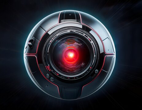 Close up of a menacing red eye of a futuristic AI robot camera lens.