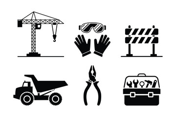 Construction icon set. Industry related vector icons of Safety equipment, crane, truck, toolbox, tools, engineering and industrial work icons. Vector illustration.