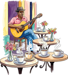 Havana Café Life with Music and Tropical Vibes in Watercolor Art.