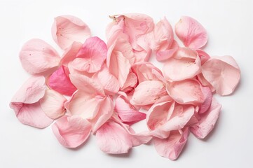 Fototapeta premium Rose and pink petals scattered on a white backdrop, created with AI generative methods
