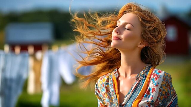 A woman pegging wet clothes under the sun, breeze playing with her hair, everyday poetry, blured background, with copy space.