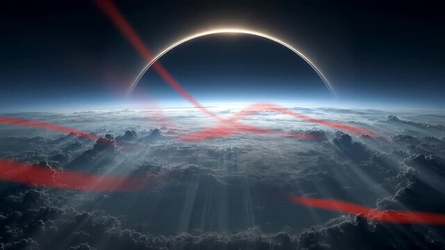 Dramatic celestial event with corona and atmospheric effect against a blue sky