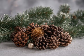 Fototapeta premium Dry pine cones and flowers for decoration showcasing natural textures