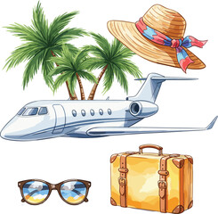 PrintLuxury Private Jet with Tropical Vacation Elements in Watercolor Style.