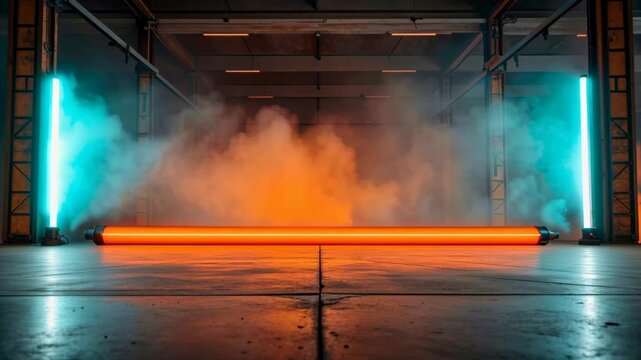 Vibrant Neon Lights Illuminate Foggy Industrial Space, Creating Dramatic Atmosphere with Smoke