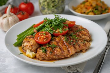 Create a wholesome dinner featuring vibrant greens, juicy chicken, and soft red meat, served elegantly against a clean, white dining setting