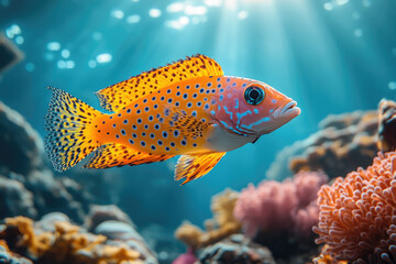 Fototapeta premium Beautiful Ocean Scene With Rhinoceros Leopardfish and Coral
