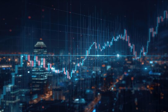 Abstract depiction of financial technology links over a trading chart with a nighttime urban backdrop, illustrating business finance and digital currency concepts