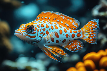 Obraz premium Rhinoceros Fish Swimming Over Vibrant Coral Reef Under Sunlight
