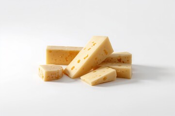 Chunks of Parmesan cheese on a plain white backdrop