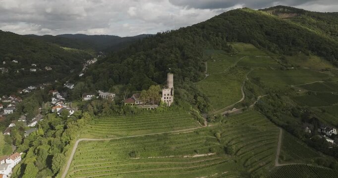 Aerial view of the Strahlenburg castle perched atop lush green vineyards, contrasting with the town nestled amidst the hills, Schriesheim, Baden-Wurttemberg, Germany.