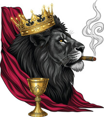 Majestic Black Lion King with Cigar in Regal Fantasy Setting.