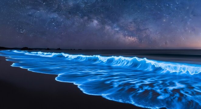 Luminous blue bioluminescent waves crashing on a dark beach at night under a vibrant starry sky. Natural ocean phenomenon for travel and nature concept. - Powered by Adobe