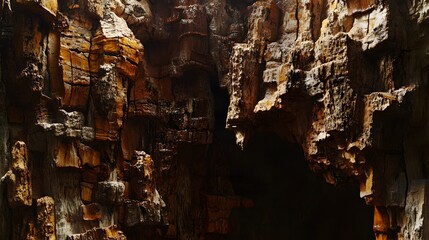 Abstract close up of rugged mountain cliff face with dark caves texture