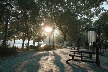 Empty park trail with morning sunlight symbolizing peaceful jogging route and mindful outdoor exercise