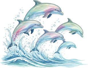 Playful Dolphins in Ocean Waves Watercolor Collection 