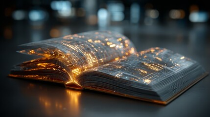 Open book with glowing digital pages, showcasing intricate data patterns and vibrant light effects, symbolizing the fusion of technology and knowledge in a modern context