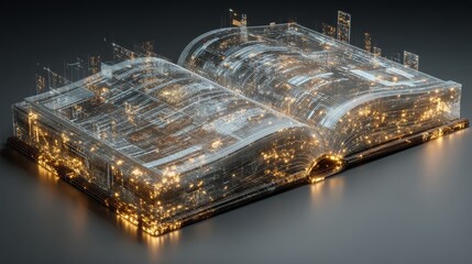 Open book with glowing digital elements, showcasing a fusion of literature and technology, representing knowledge, creativity, and innovation in a modern context