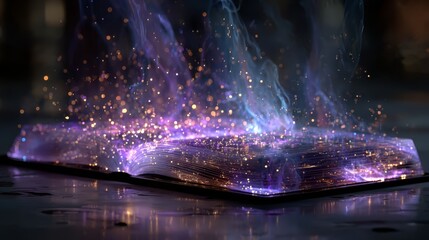 Open book with glowing pages, emitting vibrant magical sparks and swirling mist, creating an enchanting atmosphere of wonder and imagination, ideal for storytelling and fantasy themes