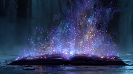 Open book with glowing magical energy emanating from its pages, surrounded by a mystical atmosphere, creating an enchanting and otherworldly scene of imagination and wonder