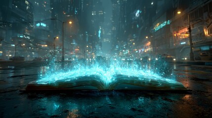 Open book with glowing blue magical energy emanating from its pages, set against a futuristic cityscape at night, creating an enchanting and mystical atmosphere