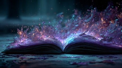 Open book with magical glowing particles and vibrant colors emerging from pages, creating an enchanting atmosphere of imagination and creativity in a mystical setting