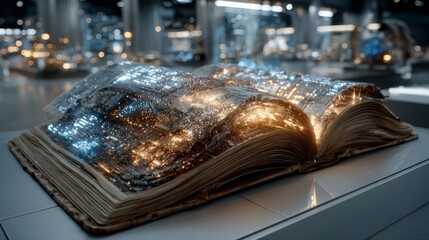 Open book with glowing pages, showcasing intricate patterns of light and texture, set in a modern exhibition space, symbolizing knowledge and innovation in literature