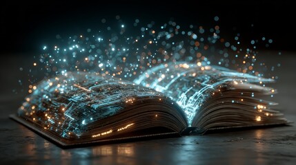 Open book with glowing digital particles emerging from pages, creating a mesmerizing visual effect, symbolizing knowledge, creativity, and the fusion of technology and literature
