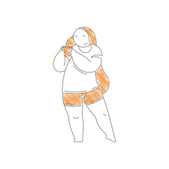 Minimalist line art of a smiling woman holding a coffee mug in a relaxed pose. Light orange accents on hair and clothing create warmth and comfort conveying cozy beverage enjoyment and peaceful moment