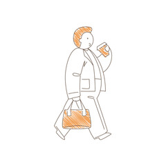 Minimalist line art of a man walking while drinking coffee and carrying a bag. Urban business rhythm, confident movement and cozy coffee break moment. Line art vector illustration
