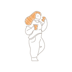 Woman drinking coffee while holding a cookie in relaxed standing pose. Simple contours convey cafe culture enjoyment, sweet snack break and peaceful beverage moment. Line art vector illustration