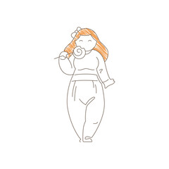 Girl standing with a lollipop in her mouth. Playful innocent expression and cozy sweater convey childhood sweetness, simple joy and charming candy moment. Line art vector illustration