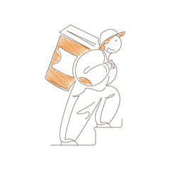 Courier climbing stairs with a large coffee cup on his back. Dynamic motion and focused expression convey urban delivery dedication, active service and energetic coffee. Line art vector illustration