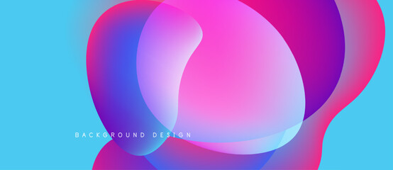 Abstract fluid shapes overlap, creating vibrant color gradients. Blue, pink, purple hues blend seamlessly. Modern design element.