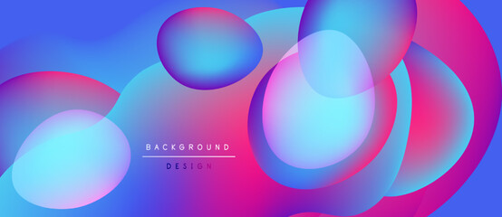 Vibrant abstract shapes overlap, creating fluid gradients. Blue, pink, purple hues dominate design. Modern background element.