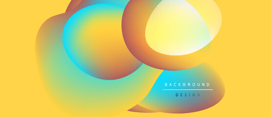 Abstract fluid shapes overlap, creating vibrant color gradients. Yellow background complements blue, orange hues. Modern design element.