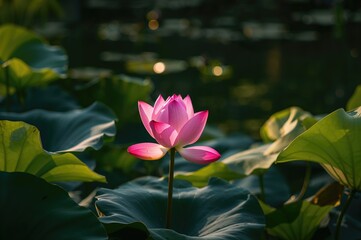 Obraz premium Green leaves backdrop featuring a pink lotus