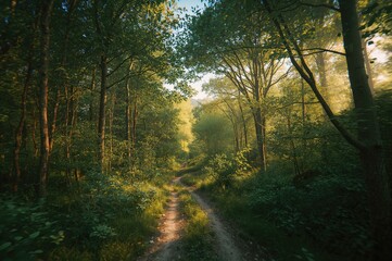 Obraz premium Trail through lush green woods in summer