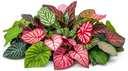 Obraz premium Variety of colorful foliage plants arrangement on a white backdrop, indoor garden