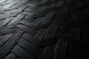 Dark Interwoven Wooden Panel Texture A Close-Up View of a Black Woven Surface with Linear Details and Shadow Play