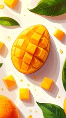 Vivid mango fruit with green leaves and diced pieces