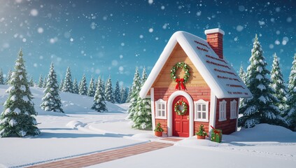Fototapeta premium 3D illustration of a festive cartoon home in a snowy winter setting with holiday decorations and pine trees. Seasonal greeting card featuring a charming house adorned with a holiday wreath and