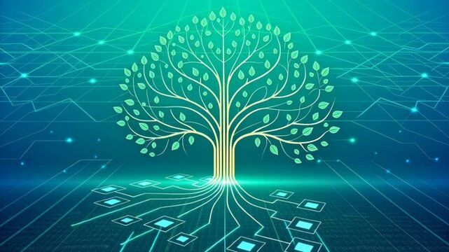 Digital Tree Design Showcasing Glowing Leaves, Circuit Roots, and Symbolizing Growth in Technology