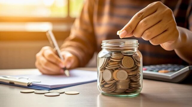Saving Coins Jar Symbol of Budgeting, Finance Calculation, and Effective Savings Planning